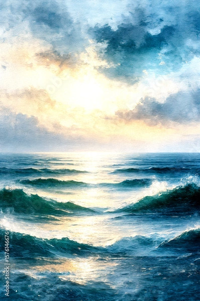 Fototapeta Majestic Ocean under the Golden Sunlight -Generative AI

