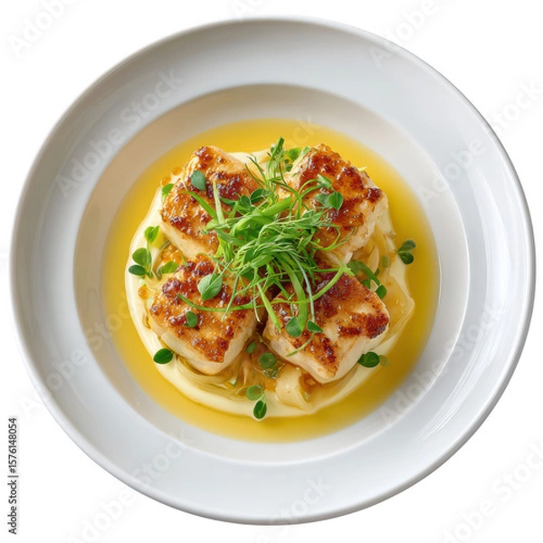 Fototapeta Exquisite Poached Brill Fillet with Vermouth Beurre Blanc and Garnish of Micro Fennel Fronds