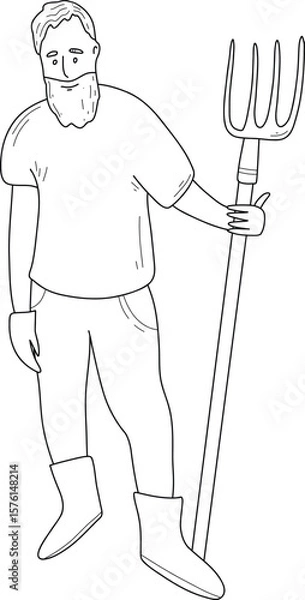 Obraz Line art vector of a farmer with pitchfork. Simple outline illustration perfect for agriculture designs, rural themes, farming logos, and educational materials.