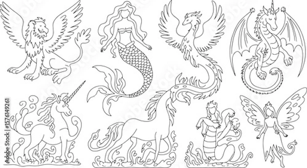 Fototapeta Enchanting Mythical Creatures Fantasy World Line Art Collection