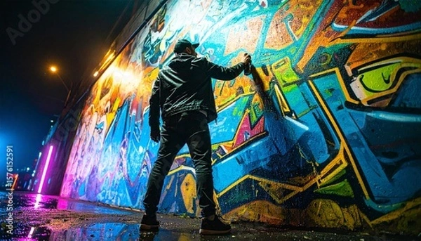 Fototapeta Vibrant colors burst against the dark urban backdrop.  