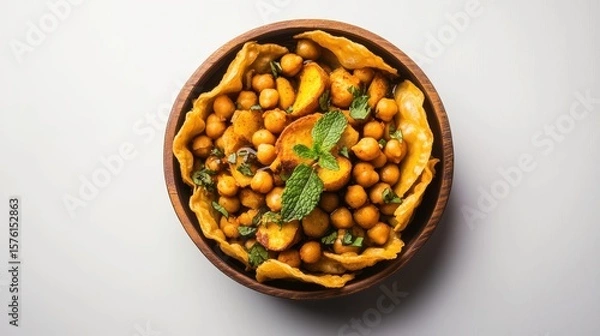 Fototapeta Savory Chickpea Delight: An inviting, high-angle view of a meticulously arranged chickpea dish, nestled within a rustic wooden bowl, showcasing culinary artistry and fresh flavors.