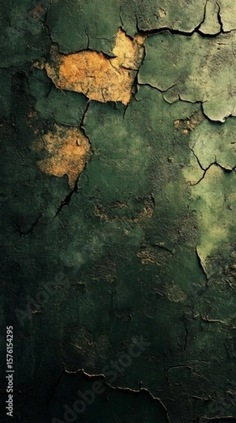 Fototapeta Peeling Paint Texture on Wall with Cracked Surface in Green and Gold