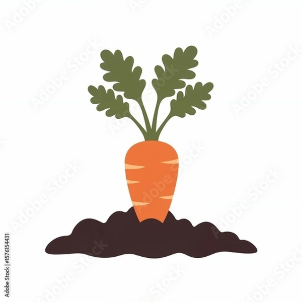 Fototapeta Carrot sprouts from dark soil, showcasing green leafy tops in a flat and minimalist vector design style