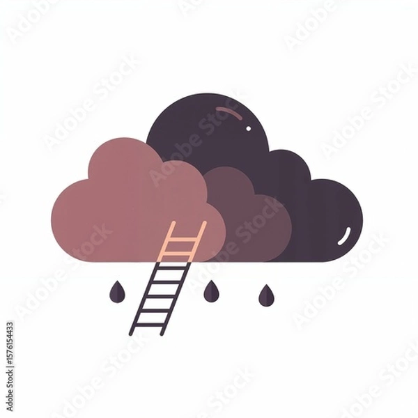 Fototapeta Ladder leans against a whimsical cloud, symbolizing aspiration and creativity in a simple flat design