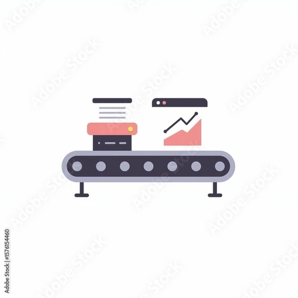 Fototapeta Flat vector representation of a conveyor displaying data graphs and items, emphasizing data processing and analysis