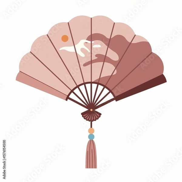 Fototapeta Decorative fan featuring a tassel, designed in a minimalist style, placed on a clean white background