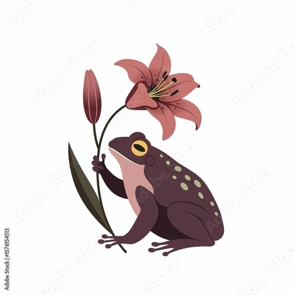 Fototapeta A vibrant frog holds a lily flower in a minimalist flat design on a white background