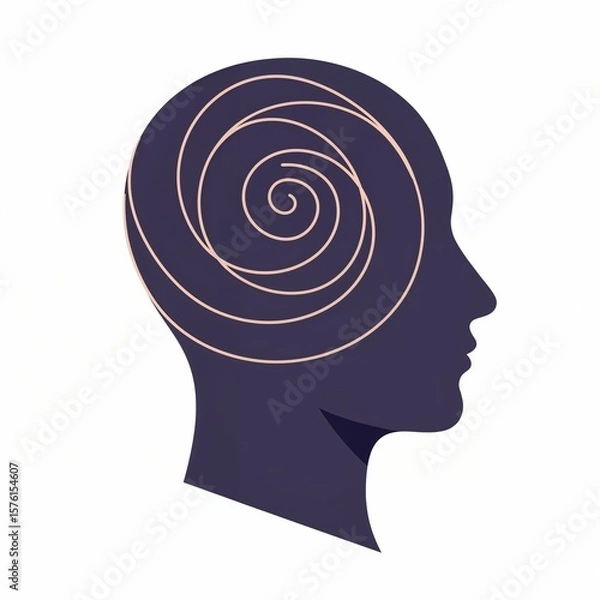 Fototapeta A flat vector design shows a human head silhouette with a spiral, symbolizing creative and abstract thinking