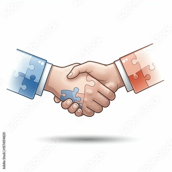 Fototapeta Two hands shake firmly, each holding puzzle pieces, symbolizing partnership and collaboration in a simple design