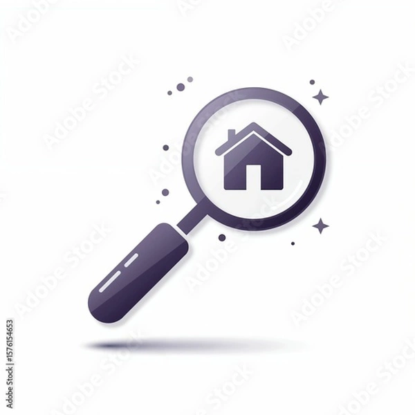 Fototapeta A magnifier highlights a minimalist house icon, symbolizing property searches on a white background