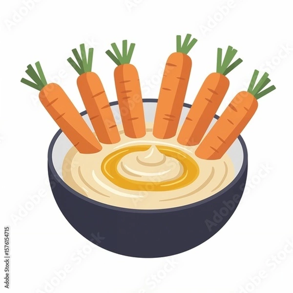 Fototapeta Fresh carrots surround smooth hummus in a minimalist design on a white backdrop, enhancing the presentation