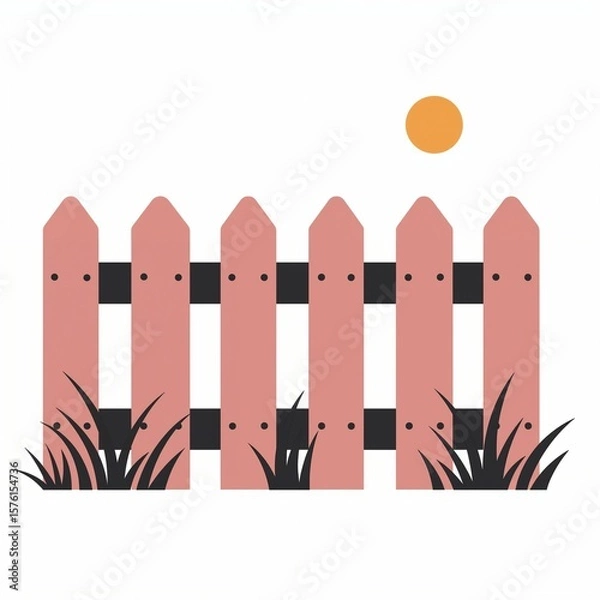Fototapeta A flat vector design displays a picket fence surrounded by grass under a bright sun, creating a calm outdoor atmosphere
