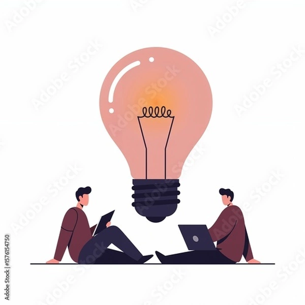 Fototapeta Two individuals engage in a creative brainstorming session beneath a light bulb, embodying inspiration and innovation