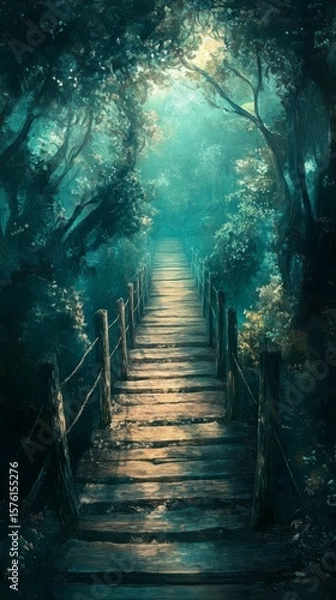 Fototapeta Walking the Forest Bridge Path with Light Painting Art
