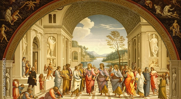 Fototapeta A breathtaking Renaissance-style painting featuring a serene landscape with soft golden lighting, classical architecture in the background