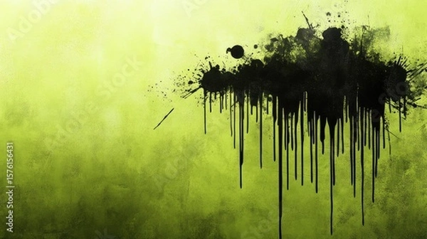 Fototapeta Black paint drips on a lime green textured background.