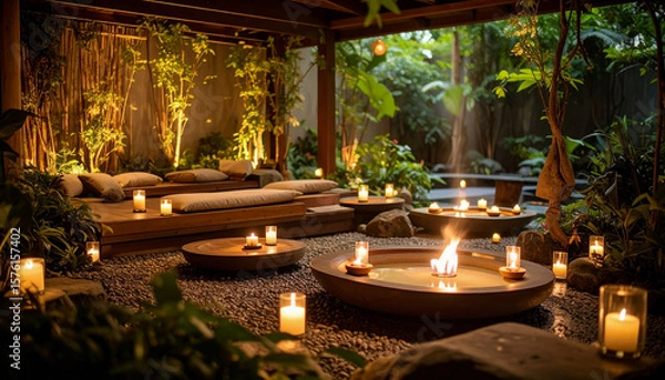 Fototapeta A peaceful wellness retreat nestled deep in the forest, surrounded by lush greenery and soft candlelight with a luxury spa