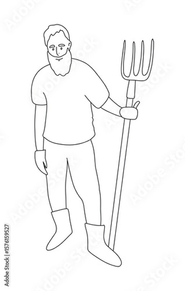 Obraz Line art vector of a farmer with pitchfork. Simple outline illustration perfect for agriculture designs, rural themes, farming logos, and educational materials.