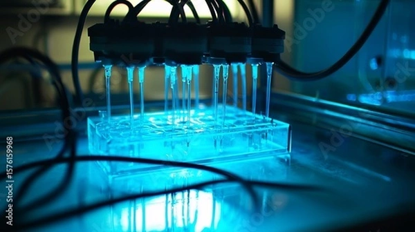 Fototapeta Intricate Laboratory Apparatus Under Blue Light