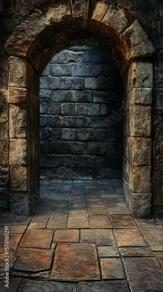 Obraz Entering Stone Archway Structure with Cobblestone Floor