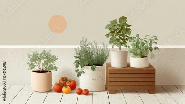 Fototapeta Fresh herbs and ripe tomatoes arranged beautifully on a wooden surface against a minimalist background