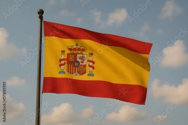 Fototapeta Spanish Flag Fluttering Under Cloudy Sky – Unique Artistic Capture