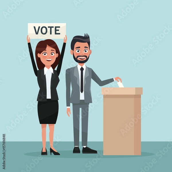 Fototapeta background scene man in formal suit vote in urn for candidate and woman with banner vector illustration