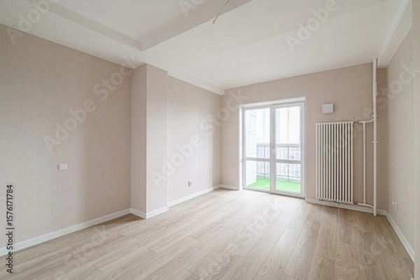 Fototapeta bright, empty room with light wood floors, beige walls, and a large window to a balcony. A white radiator stands against the wall