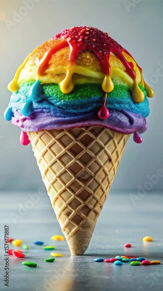 Obraz Photogenic rainbow ice cream cone with perfect pastel swirls, menu ready dessert, menu worthy styling for food brands and influencers