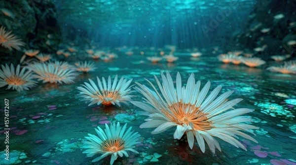 Fototapeta Subaquatic flowers illuminate a mystical waterway.