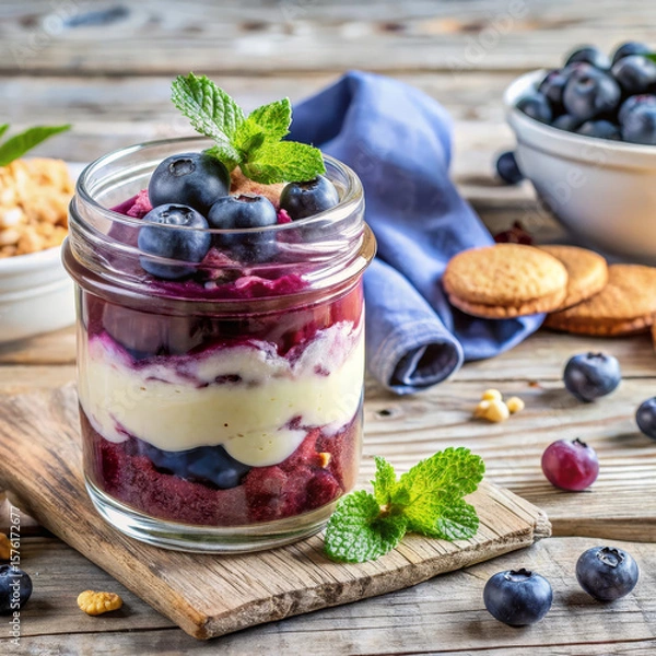 Obraz Creamy blueberry cheesecake ice cream in glass jar with berry swirls and graham crumbs, indulgent dessert perfection, indulgent treat ideal for cafes and gourmet food marketing