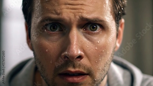 Fototapeta Intense expression on a man’s face, showing fear or anxiety, with beads of sweat visible, suggesting a dramatic or stressful situation.