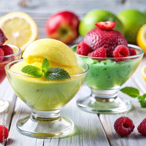 Obraz Organic carbon neutral sorbets in sustainable glass bowls with local berries, eco conscious indulgence, eco conscious frozen treat perfect for green lifestyle branding