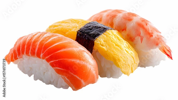 Fototapeta Closeup of assorted nigiri sushi with salmon, sweet egg, and shrimp on white background. Traditional Japanese cuisine with fresh seafood and vinegared rice.