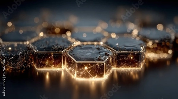 Fototapeta Honeycomb's Neon Glow: A high-angle, close-up perspective captures the intricate beauty of a honeycomb-like structure, each hexagonal cell gleaming with neon light.
