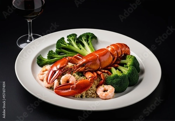 Fototapeta Sustainable seafood platter: Lobster, prawns, broccoli with wine and wheatgrass on black background, soft lighting