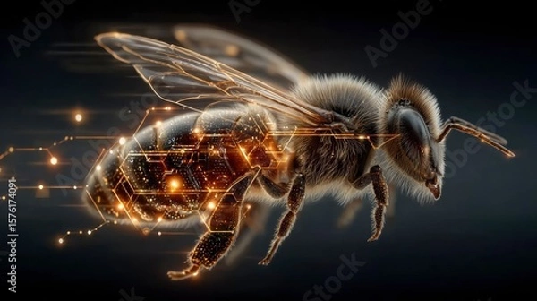 Fototapeta Cybernetic Bee: A stunning digital illustration of a bee with robotic components, blending nature and technology, capturing the fusion of the organic and the artificial. 