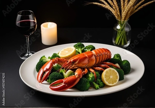 Fototapeta Dark food photography: Soft-lit lobster texture with wine reflection, minimalist wheatgrass plating