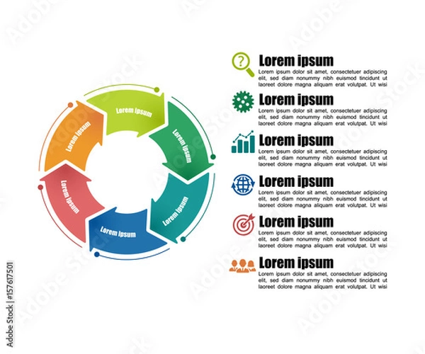 Fototapeta Circle infographic template 6 steps. For presentation and design concept. Bright color arrows. Vector illustration.