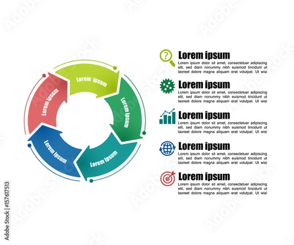 Fototapeta Circle infographic template 5 steps. For presentation and design concept. Bright color arrows. Vector illustration.