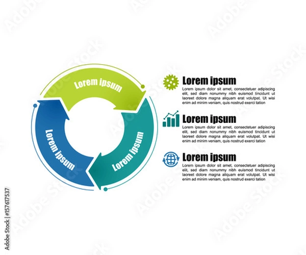 Fototapeta Circle infographic template 3 steps. For presentation and design concept. Bright color arrows. Vector illustration.