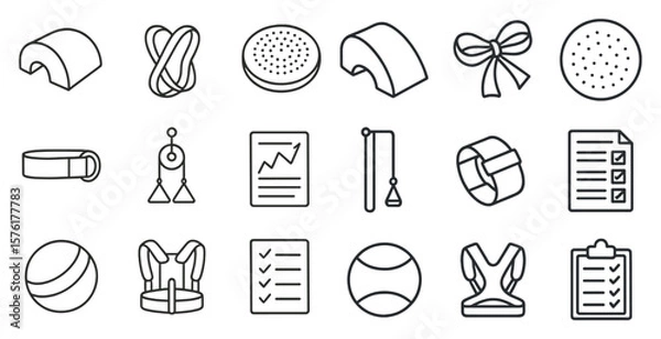 Fototapeta Collection of fitness and exercise related icons. The icons include a ball, a yoga mat, a wristband, a clipboard, a paper, a book, a ball, a wristband, a clipboard, a paper, a book