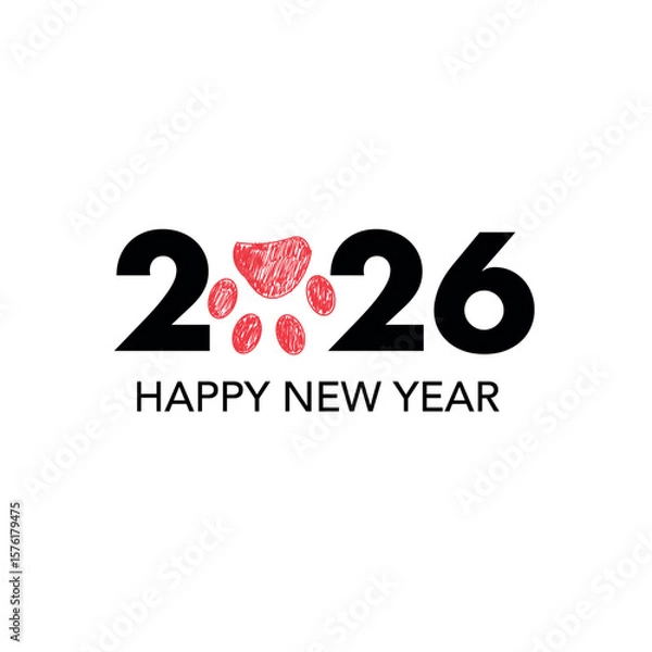 Fototapeta 2026 text with doodle red paw print. Happy new year and merry christmas greeting card