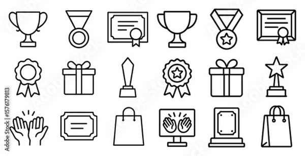 Fototapeta Set of black and white icons that represent various awards and prizes. The icons include a trophy, a certificate, a star, and a gift. Scene is celebratory and achievement-oriented