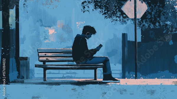 Fototapeta Young man sitting on a bench using phone in a blue urban setting  