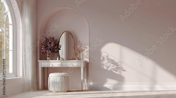 Fototapeta A serene, sunlit vanity area with soft pink walls and a white dressing table.
