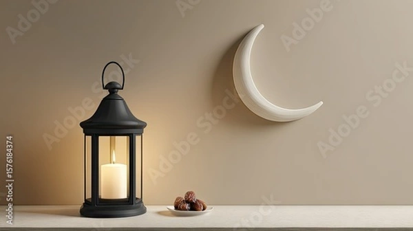 Fototapeta Black lantern with a crescent moon decorates a beige wall.