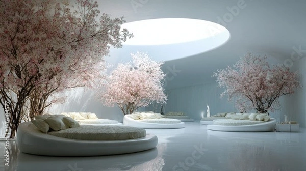 Fototapeta Serene circular beds surrounded by flowering trees in a modern, light-filled space.