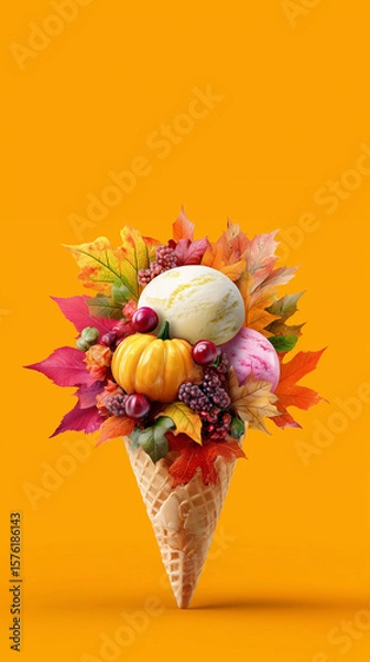 Fototapeta A colorful and bright creative layout featuring an ice cream cone filled with autumn leaves and a small pumpkin — a playful blend of fall and fantasy.